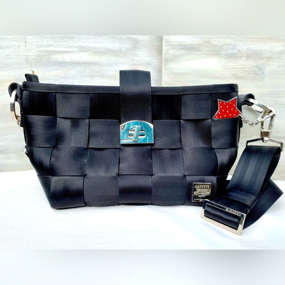 Harvey's Seatbelt Bag - Black Shoulder Bag/Tote with Clasp and Keychain/Charm